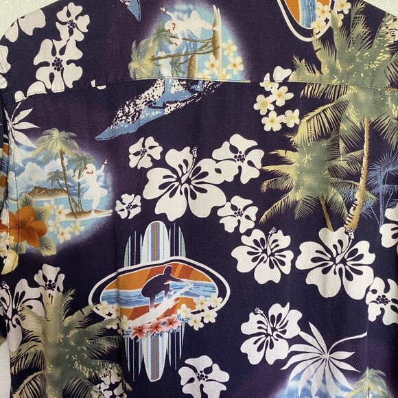Pierre Cardin Shirt Adult Medium Navy Hawaiian Flowers Palm Trees Surfing Mens - Picture 5 of 6